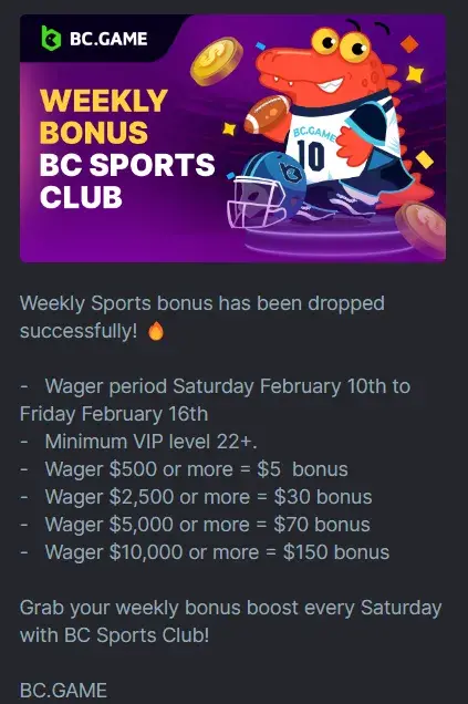 BC game sport bonus weekly
