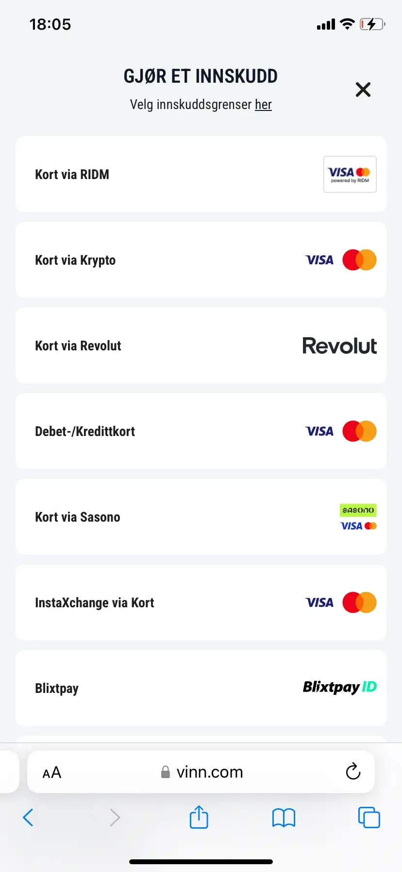 Vinn.com - Betalningsmåter (mobil)