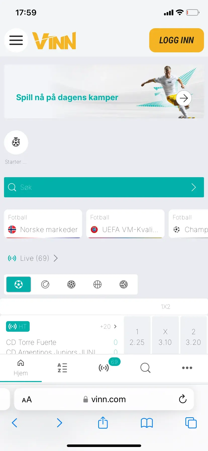 Vinn.com - Odds på sport (mobil)