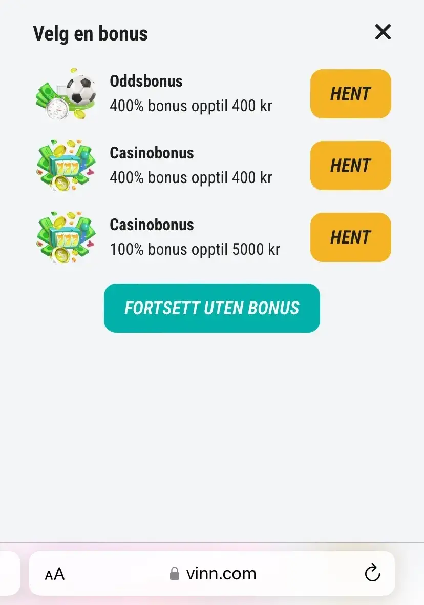 Vinn.com - Velkomstbonuser (mobil)