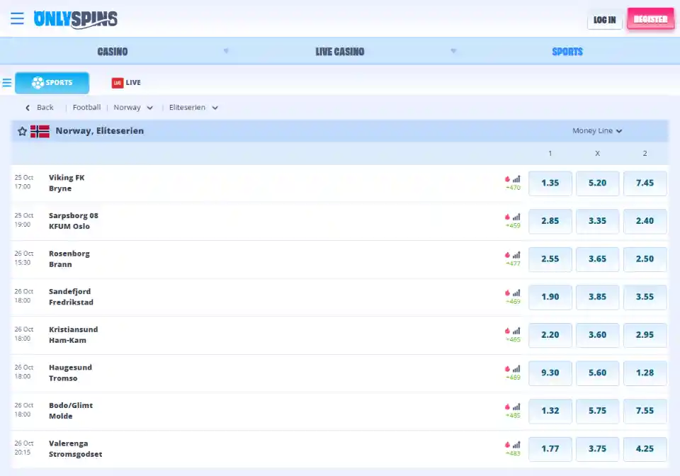 Onlyspins Casino - Sportsbook - Eliteserien
